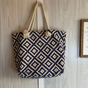 Navy and Cream Patterned Tote Bag